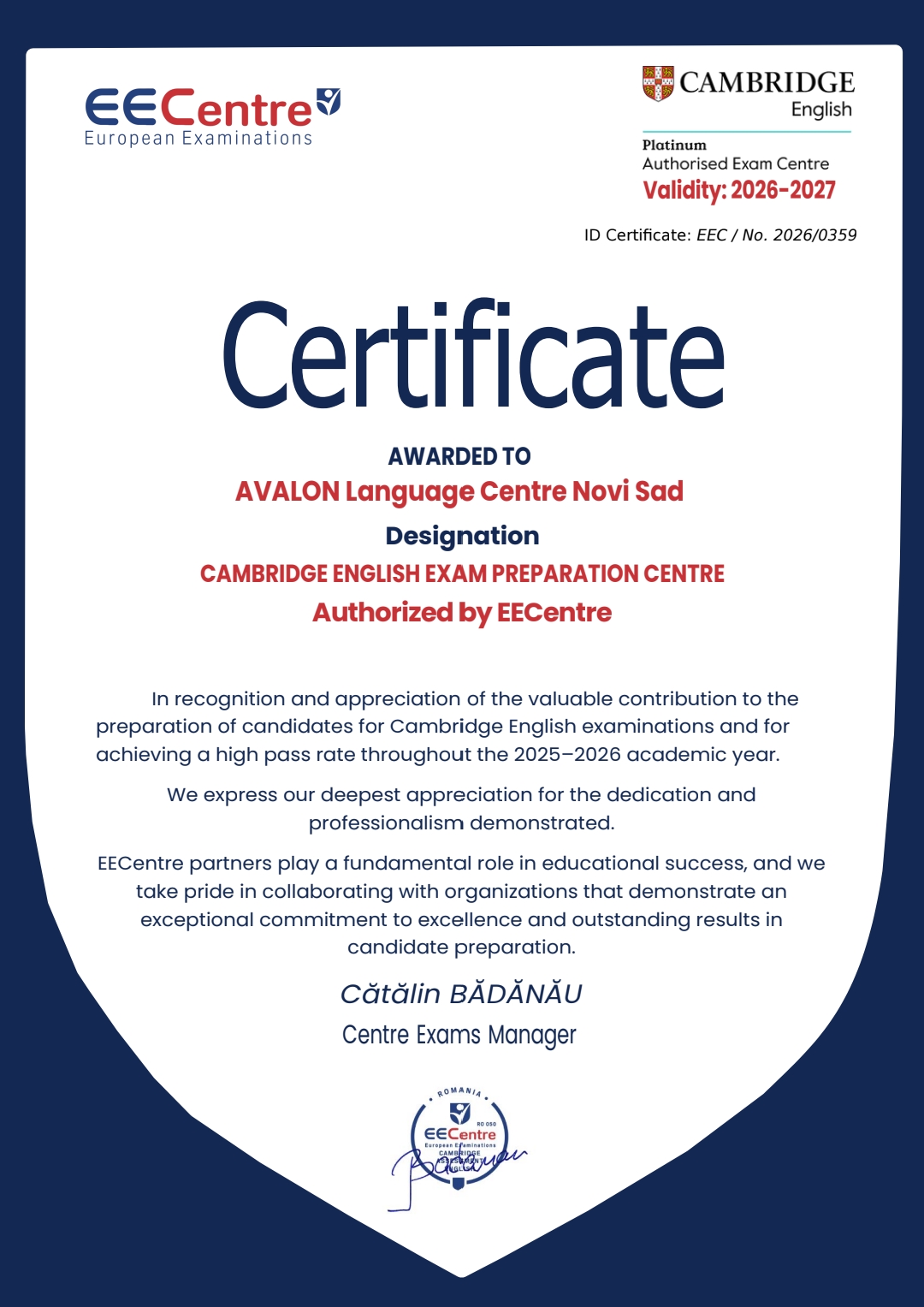 Sertifikat Avalon Language Centre Novi Sad kao Cambridge English Exam Preparation Centre, EECentre, 2026–2027